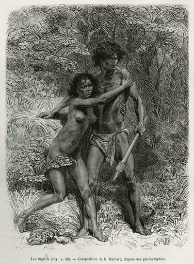 Les fugitives aborigenes, engraving after a drawing by D.Maillart, to illustrate the story six months in Australia, by Desire Charnay, a mission assignment by the Ministry of Public Education, in 1878, published in the tour du monde, under the direction of 作者 法语学校