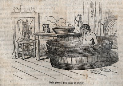 Les gestes du bain - 19世纪的卫生--碗中的浴池--1852年 "La Sante Universelle - Guide Medical des Familles "中的雕刻。 作者 法语学校