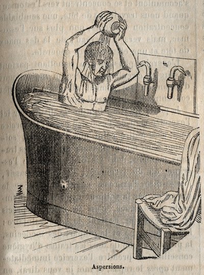 Les gestures du bain - 19世纪的卫生 - 浴缸里的男人 - 雕刻在 "La Sante Universelle - Guide Medical des Familles "1852年。 作者 法语学校
