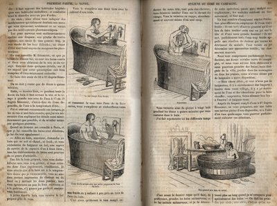 Les gestures du bain - 19世纪的卫生 - 浴缸里的男人 - 雕刻在 "La Sante Universelle - Guide Medical des Familles "1852年。 作者 法语学校