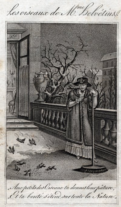 让-尼古拉-布瓦利（1763-1842）的《给我女儿的建议》中的赫尔维尤斯夫人（安妮-凯瑟琳-赫尔维尤斯）的小鸟。1820.私人收藏。 作者 法语学校