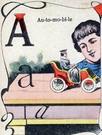 字母 A 汽车。 雕刻在“ABC des joux 倒小男孩”。 Pont-a-Mousson 的影像，Louis Vagne，印刷出版商，19 世纪后期。 尺寸：32,5x25 厘米 作者 法语学校