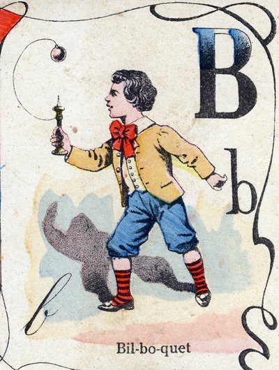字母 B 比尔博凯。 雕刻在“ABC des joux 倒小男孩”。 Pont-a-Mousson 的影像，Louis Vagne，印刷出版商，19 世纪后期。 尺寸：32,5x25 厘米 作者 法语学校