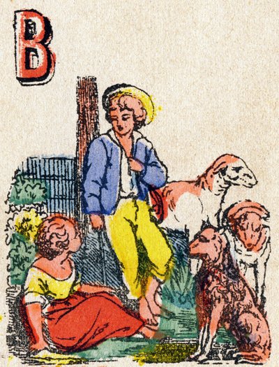 字母B 牧羊人。"Alphabet des jeux "中的雕刻。瓦涅先生，编辑，Pont-a-Mousson，19世纪末。粉红色系列。12页。专辑中包含了简化的阅读方法和图文并茂的abecedary。规格：16,5x11cm 作者 法语学校