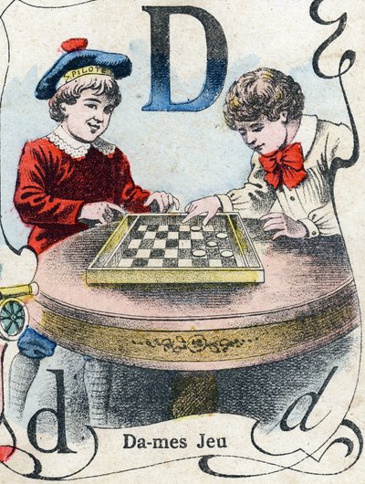 字母 D：跳棋游戏。 雕刻在“ABC des joux 倒小男孩”。 Pont-a-Mousson 的影像，Louis Vagne，印刷出版商，19 世纪后期。 尺寸：32,5x25 厘米 作者 法语学校