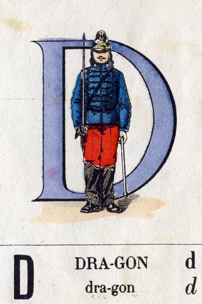 字母 D 作为龙。 军事字母表（ABC 或 abecedary）。 Epinal 的成像，大约 1870-1880 年）。 模板色木刻版画。 私人收藏 作者 法语学校