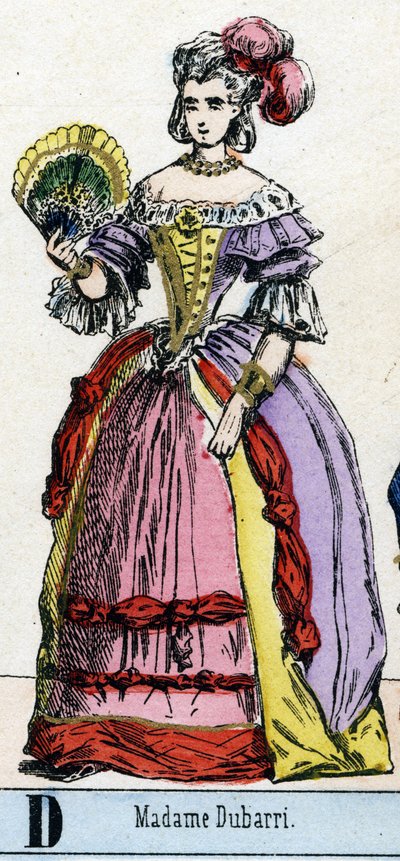 像杜巴里夫人的字母D。让娜-贝库（Jeanne Becu，dit de Cantigny）的肖像，杜巴里伯爵夫人（1743-1793），法国国王路易十五的宠儿。剧院博物馆的助理人员。埃皮纳尔的图像，约1830年。尺寸：37.7x47.5厘米。木头上的雕刻，印有 作者 法语学校