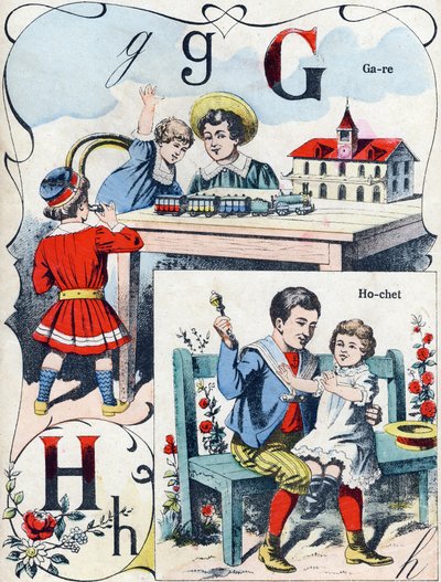 字母 G H：站和拨浪鼓。 雕刻在“ABC des joux 倒小男孩”。 Pont-a-Mousson 的影像，Louis Vagne，印刷出版商，19 世纪后期。 尺寸：32,5x25 厘米 作者 法语学校