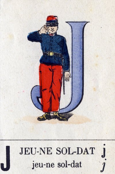 作为年轻士兵的字母J。军事字母表.埃皮纳尔的图像，大约在1870-1880年。模板彩色木刻画 作者 法语学校