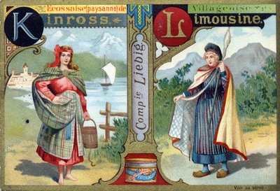 字母K：来自金罗斯的苏格兰人，L为Villageoise Limousine。妇女的字母表.一系列12张图片。利比希广告 作者 法语学校