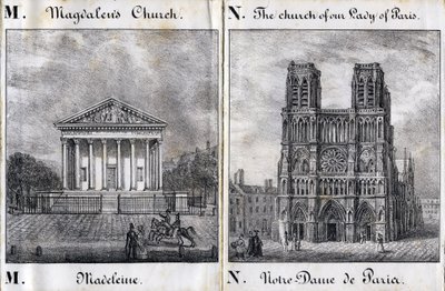 字母M Madeleine和N Notre-Dame de Paris（巴黎圣母院）--"Alphabet Picturesque des Monumens de Paris "约1840年（雕刻）。 作者 法语学校