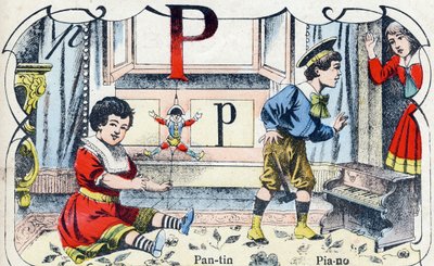字母 P Pantin 钢琴。 雕刻在“ABC des joux 倒小男孩”。 Pont-a-Mousson 的影像，Louis Vagne，印刷出版商，19 世纪后期。 尺寸：32.5x25 厘米 作者 法语学校