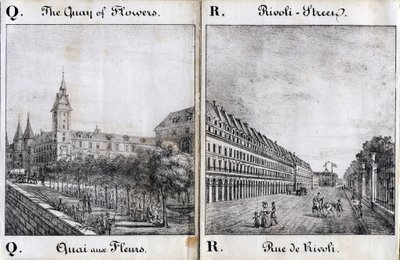 字母 Q 和 A：花码头和里沃利街--"Alphabet Picturesque des Monumens de Paris"，约 1840 年（版画） 作者 法语学校