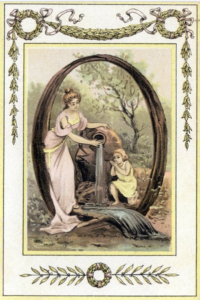 Letter Q representing a mother and her son drinking water from the spring, late 19th century (chromolithograph) 作者 法语学校
