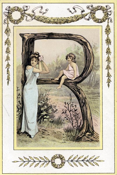 Letter R representing a mother and daughter, late 19th century (chromolithograph) 作者 法语学校