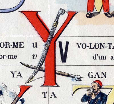 字母 Y 作为 yatagan。 军事字母表。 Epinal 的成像，大约 1870-1880 年。 模版色木刻版画 作者 法语学校