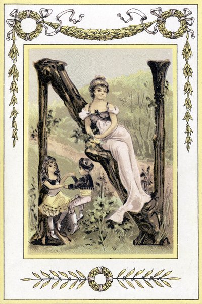 Letter representing a mother and her children dancing, late 19th century (chromolithograph) 作者 法语学校
