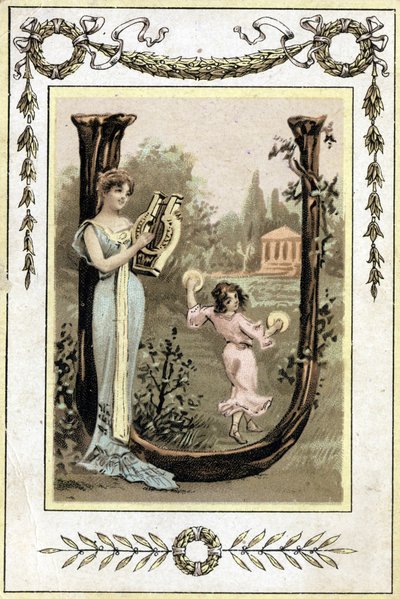 Letter representing a mother playing lyre and her daughter dancing with timpani, late 19th century (chromolithograph) 作者 法语学校