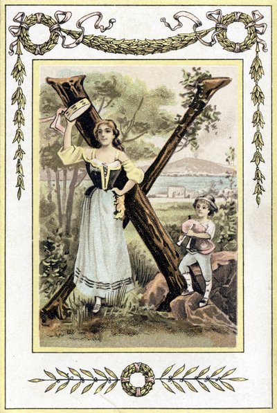 Letter representing a mother with a timpani and her son in a shepherd with a bagpipe, late 19th century (chromolithograph) 作者 法语学校