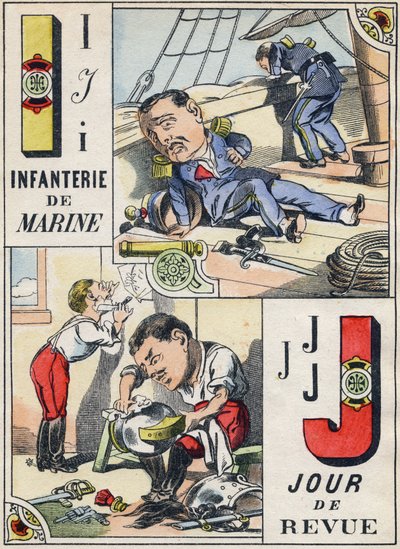 字母 I 和 J：海军陆战队和审查日。 雕刻在“漫画军事字母表”中。 第五系列。 脑脊液成像。 Pellerin 和 Cie，Printers，Epinal，19 世纪后期。 16 页。 尺寸：25x18,5cm 作者 法语学校