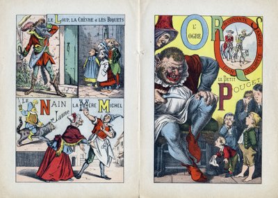 字母：L M N O P Q R S（中央双页）。 The wolf, the goat and the biquets, La Mere Michel, Le Nain jaune, L