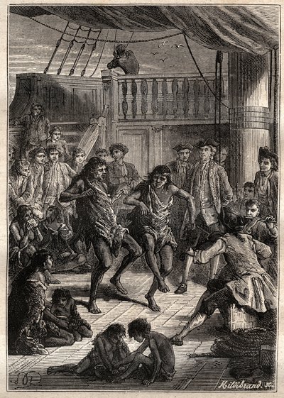 Louis Antoine, Count of Bougainville (1729-1811) received the inhabitants of the Bay Fortescue (Detroit of Magellan) in his boat “” La Boudeuse””” in 1768 - illustration from “The Great Mariners of the 18th century” 作者 法语学校