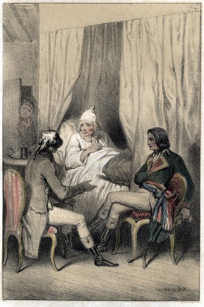 路易-安托万-福韦莱-德-布列涅（1769-1834），法国外交官和行政长官，拿破仑-波拿巴将军（1769-1821）向一位生病的老资本家要钱用于意大利战役。图版取自 "著名人物的生活场景 "雕刻。 作者 法语学校