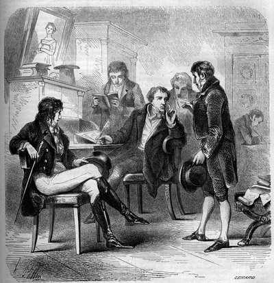 路易-伯努瓦（Louis-Benoit）-皮卡尔（1769-1828），法国作家和喜剧演员，代表在他的工作室。1858年的雕版画。 作者 法语学校