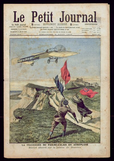 Louis Bleriot（1872-1936）于1909年8月8日在&39;Le Petit Journal&39;登陆多佛（彩色雕刻） 作者 法语学校