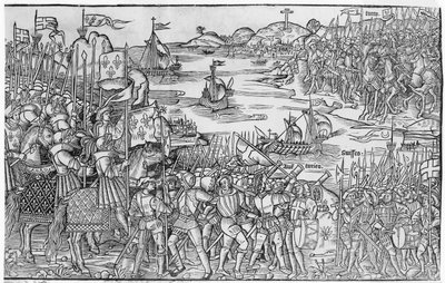 法国路易九世在第七次十字军东征期间在达米埃塔下船，于1522年出版的“Grand Voyage de Hierusalem” 作者 法语学校