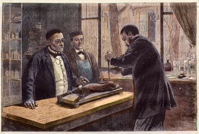 路易斯-巴斯德（1822-1895），法国化学家和微生物学家，在寻找治疗狂犬病的方法时，用一只被氯仿麻醉的兔子做实验。 作者 法语学校
