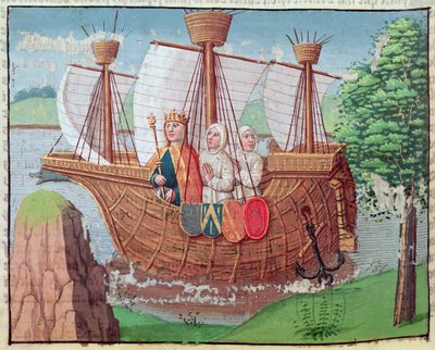 1145 年，路易七世与一些熙笃会修道士一起踏上前往圣地的旅程，选自《Ogier le Danois》的缩影，由 A. Verard 印刷，巴黎 作者 法语学校