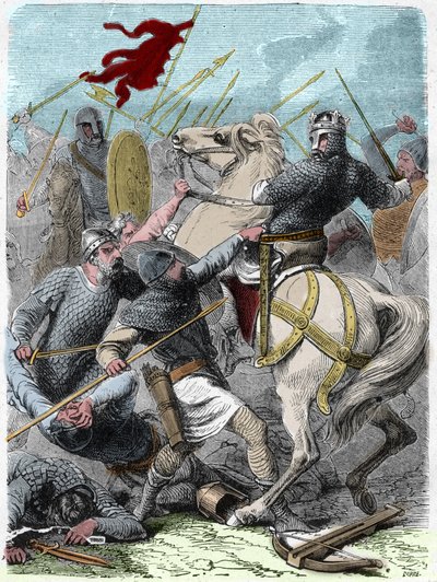 路易六世被称为 "格罗斯"（1081-1137），在布伦尼维尔战役中，试图在1119年从英国国王亨利一世手中夺取诺曼底。雕刻于 "Histoire De France En Cent Paintings by Paul Lehugeur "1891。 作者 法语学校