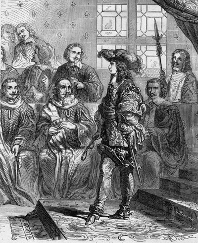 1652年，17岁的路易十四（1638-1715）在议会面前，迫使总统解散议会。镌刻在《法国百年史》中的保罗-勒胡格尔的画作 "1891年。 作者 法语学校