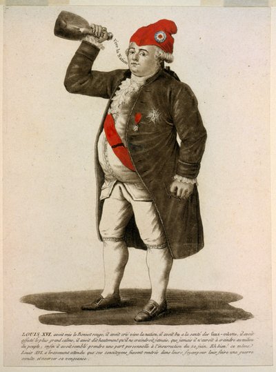 路易十六戴着红帽，呼喊着 "国家万岁"，1792年的酒馆（手绘蚀刻版）。 作者 法语学校