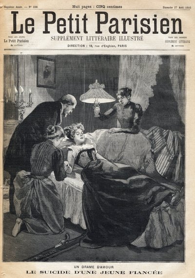 爱情剧。一个17岁的未婚妻在丈夫死后自杀。1893年8月27日的《小巴黎人报》之一（雕刻）。 作者 法语学校