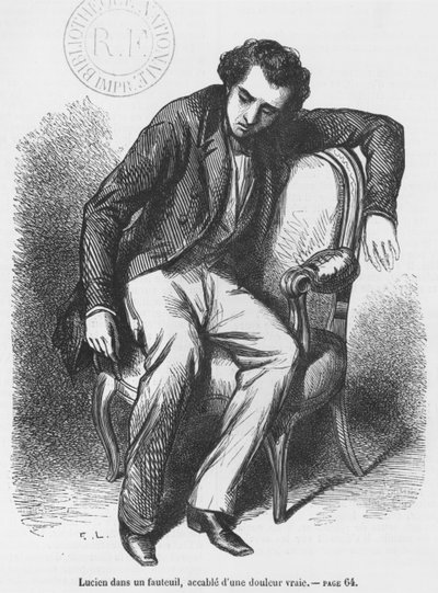 Lucien de Rubempre充满悲伤，来自Honore de Balzac的&39;Les Illusions perdues&39;的插图 作者 法语学校