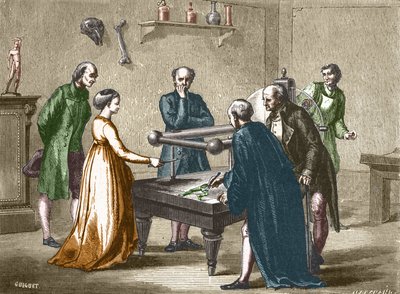 Luigi Galvani，博洛尼亚的教授，在1780年发现了电对青蛙肌肉的刺激性 - 在 "科学专辑；杰出的科学家；伟大的发现 "1896。 作者 法语学校