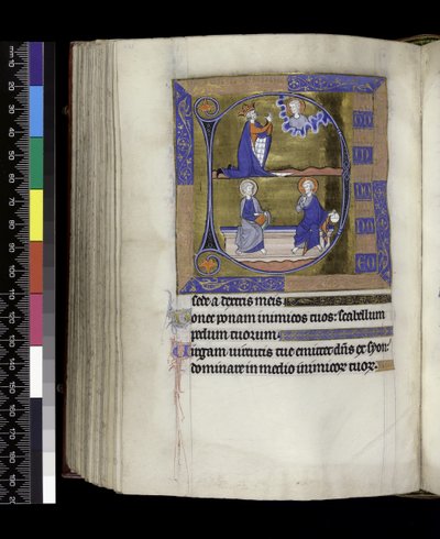 MS 300 f.125v，大卫向上帝祈祷（上图）； 上帝与球体和基督与坐在长凳上的书（下），来自法国伊莎贝拉的诗篇和时间，巴黎，c.1265-70（羊皮纸上的钢笔和墨水和蛋彩画） 作者 法语学校