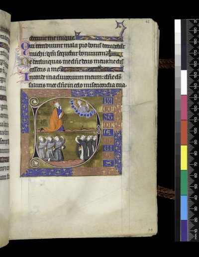 MS 300 f.42r，大卫在云中向上帝祈祷，来自法国伊莎贝拉的诗篇和时辰，巴黎，c.1265-70（羊皮纸上的钢笔和墨水和蛋彩画） 作者 法语学校
