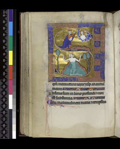 MS 300 f.70v, David prays to God (above), David sinks in water (below), from the Psalter and Hours of Isabella of France, Paris, c.1265-70 (pen & ink and tempera on parchment) 作者 法语学校