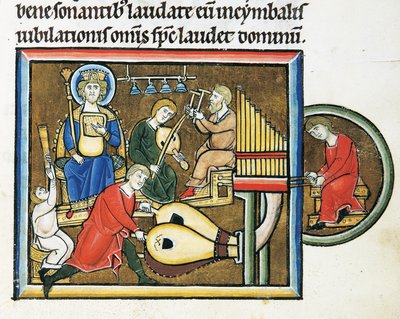 MS CXXXVII fol. 149r, 大卫王拿着诗篇，乐师们在演奏，来自圣伊丽莎白诗篇（羊脂玉和金箔在牛皮纸上）。 作者 法语学校
