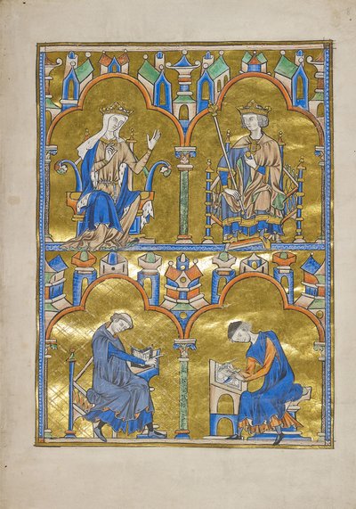 MS M.240 f.8r，卡斯蒂利亚·布兰奇和法国国王路易九世及以下：作者抄写抄写本，圣路易斯圣经（道德化的圣经），巴黎 作者 法语学校