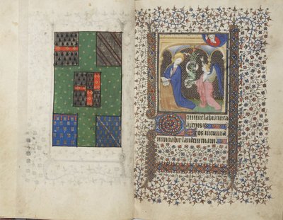 MS Widener 4，ff.26v-27r，纹章和报喜，出自《小时之书》，使用雷恩，约 1405 年（牛皮纸上的钢笔和墨水和蛋彩画） 作者 法语学校