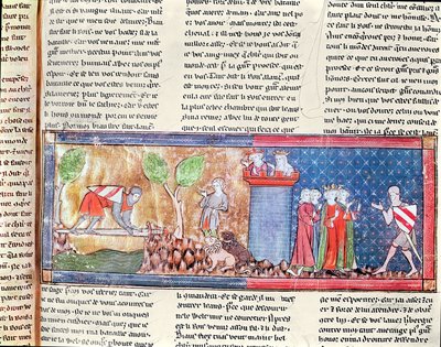 M. 806 f.166 Lancelot通过一把锋利的剑桥上的河流证明了他对Guinevere的爱，来自罗马de Lancelot du Lac，1344 作者 法语学校