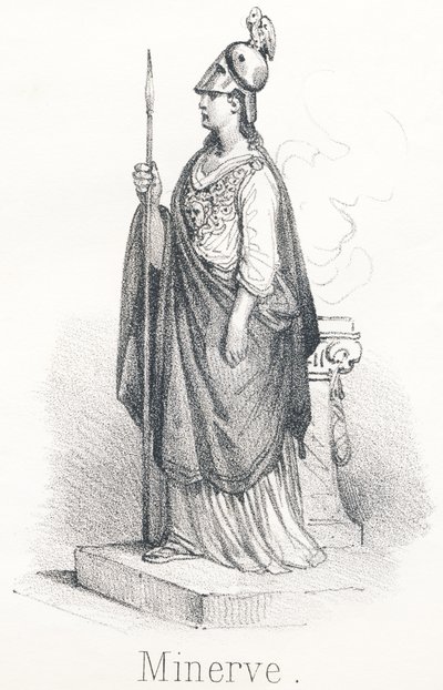 米纳维。从朱庇特的头部出来的女神，脚踏斗篷，手握长矛 在密涅瓦的名字下，她是智慧女神，在帕拉斯的名字下，她是战争女神。 作者 法语学校
