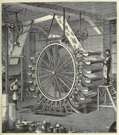 用多达20种颜色印刷墙纸的机器，出版。1873年的雕刻，1873年。 作者 法语学校