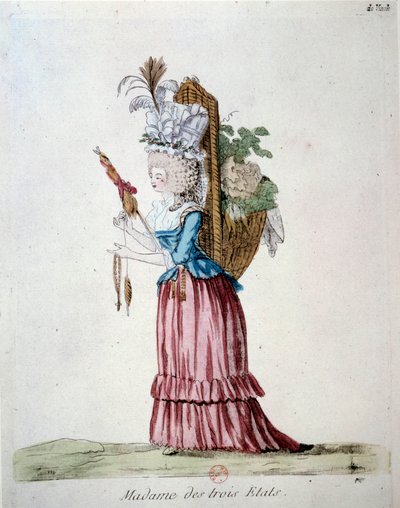 Madame of the Three States A woman wearing elegantly clothes and carrying a basket of fruits and vegetables representing the three states at the time of the French revolution. Engraving from 1789. Library of the Arsenal, paris 作者 法语学校