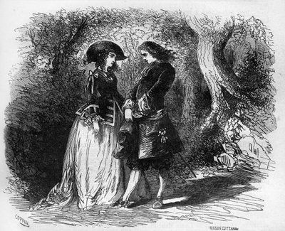 庞斯小姐在1653年左右遇到了她的年轻情人马里科恩。雕刻在《世界各国人民从古至今的卖淫和放荡史》中，作者是Th.-F.Debray著。1879. 作者 法语学校