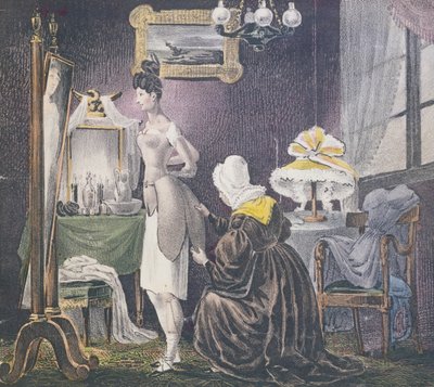 女仆协助她的情妇穿着填充乳房和臀部，1830年 作者 法语学校